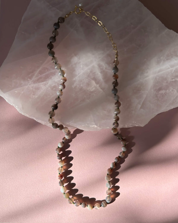 Gemstone necklace (Botswana Agate) - 14k Gold Filled - Olive green cord - Adjustable (50 - 55 cm)