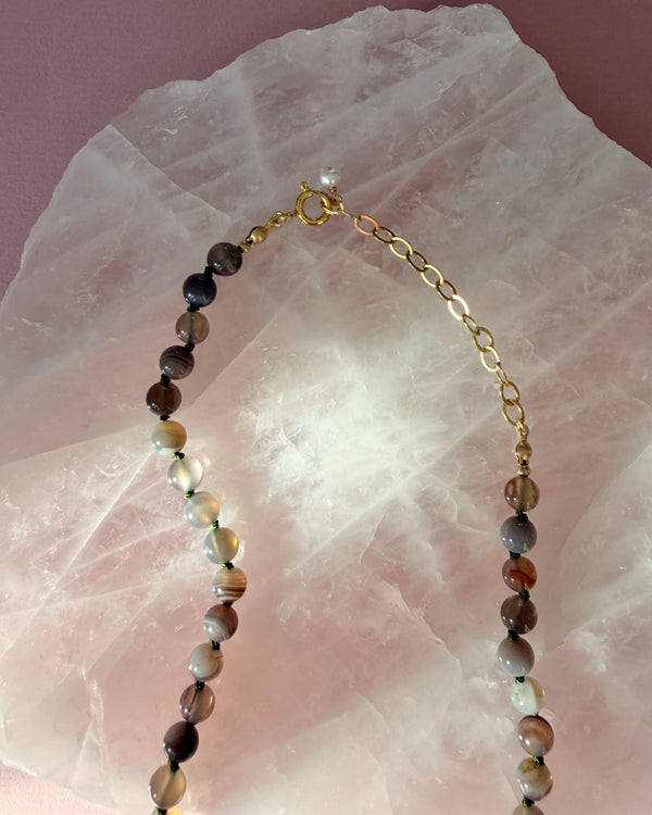 Gemstone necklace (Botswana Agate) - 14k Gold Filled - Olive green cord - Adjustable (50 - 55 cm)