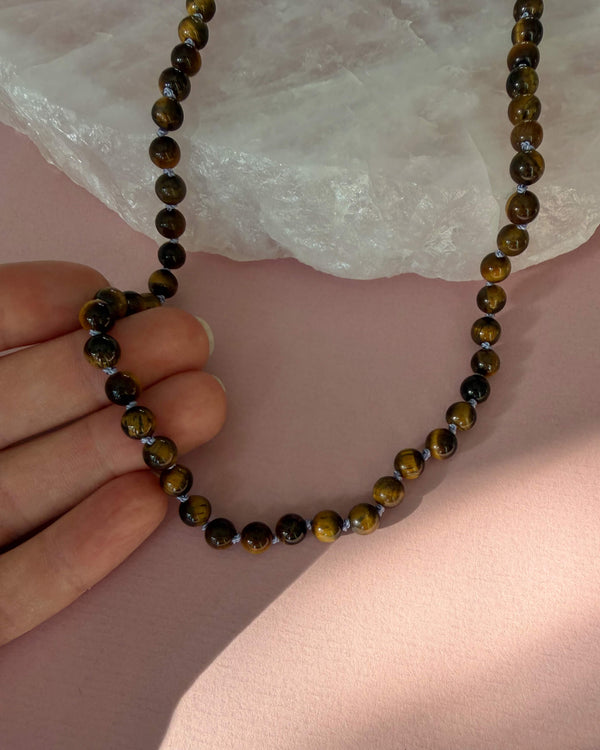 Gemstone necklace (Tiger Eye) - 14k Gold Filled - Lilac Cord - Adjustable (46 - 50 cm)