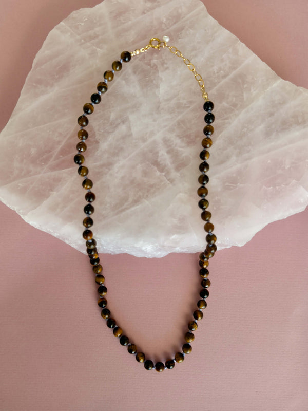 Gemstone necklace (Tiger Eye) - 14k Gold Filled - Lilac Cord - Adjustable (46 - 50 cm)