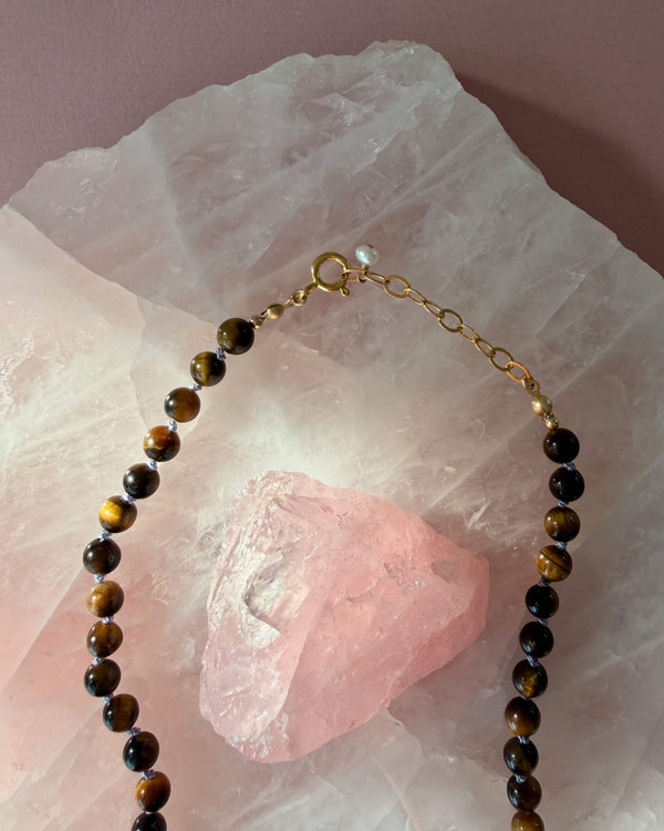 Gemstone necklace (Tiger Eye) - 14k Gold Filled - Lilac Cord - Adjustable (46 - 50 cm)