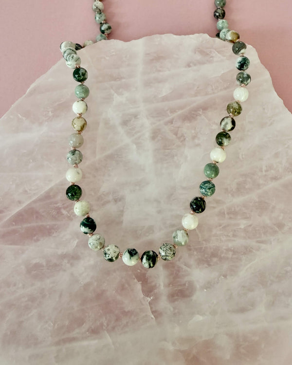 Gemstone necklace (Tree Agate) - 14k Gold Filled - Soft Pink Cord - Adjustable 47 - 50 cm