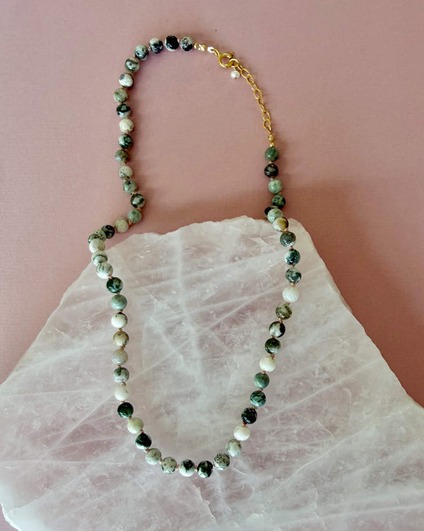 Gemstone necklace (Tree Agate) - 14k Gold Filled - Soft Pink Cord - Adjustable 47 - 50 cm