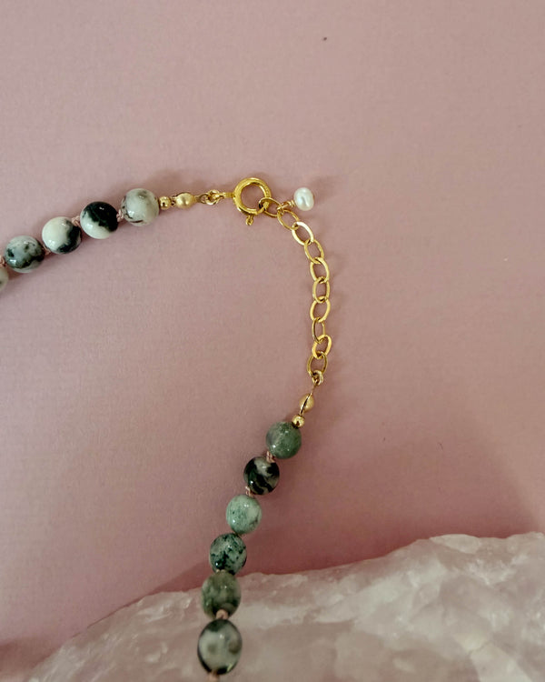 Gemstone necklace (Tree Agate) - 14k Gold Filled - Soft Pink Cord - Adjustable 47 - 50 cm