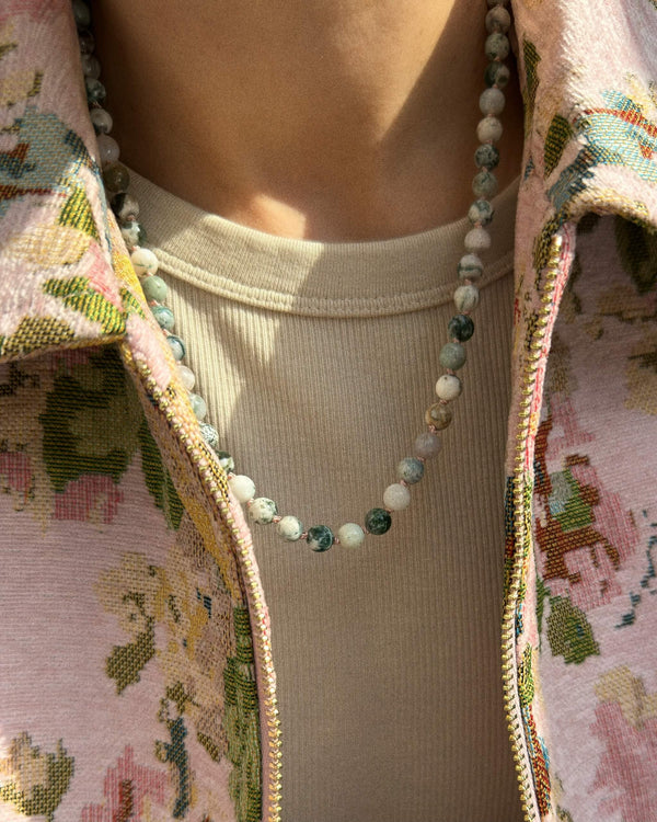 Gemstone necklace (Tree Agate) - 14k Gold Filled - Soft Pink Cord - Adjustable 47 - 50 cm