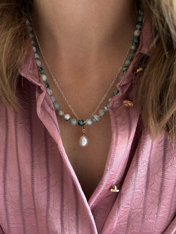 Gemstone necklace (Tree Agate) - 14k Gold Filled - Soft Pink Cord - Adjustable 47 - 50 cm