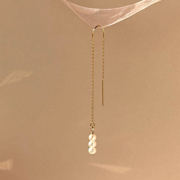 White Pearl Ear Threader Long - 14k Gold Filled