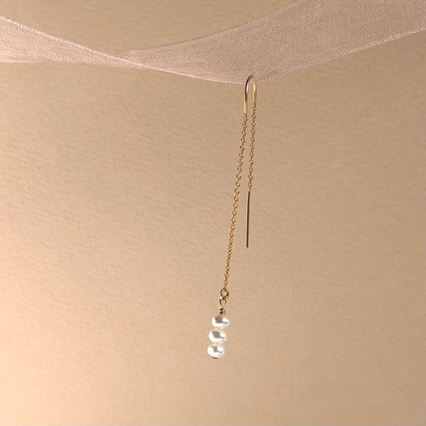 White Pearl Ear Threader Long - 14k Gold Filled