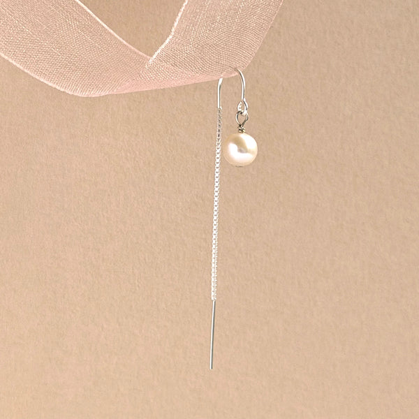 White Pearl Ear Threader Short - 925 Solid Silver