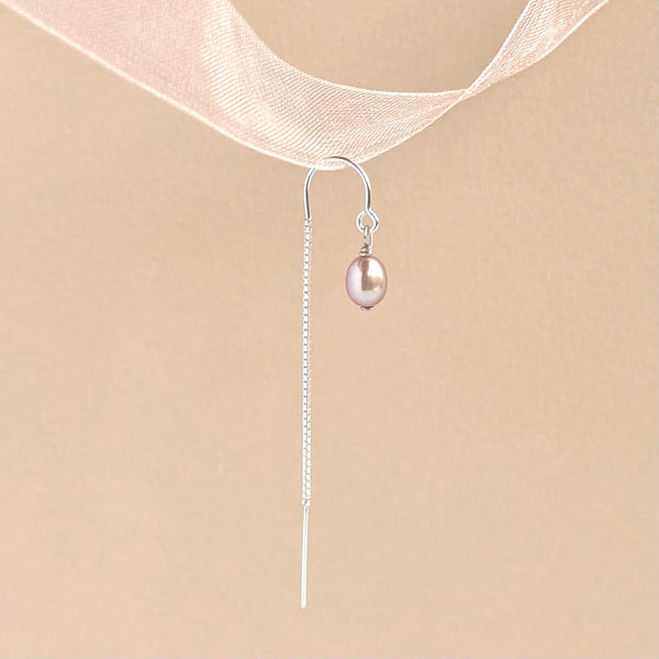 Lilac Pink Pearl Ear Threader Short - 925 Solid Silver