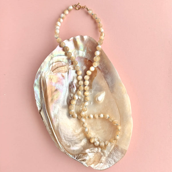 Cream Mother-of-Pearl Necklace - 14k Gold Filled - Light Blue Cord
