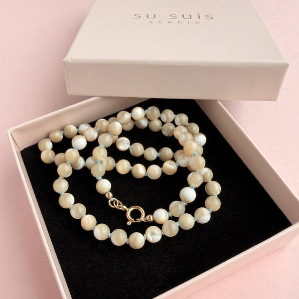 Cream Mother-of-Pearl Necklace - 14k Gold Filled - Light Blue Cord