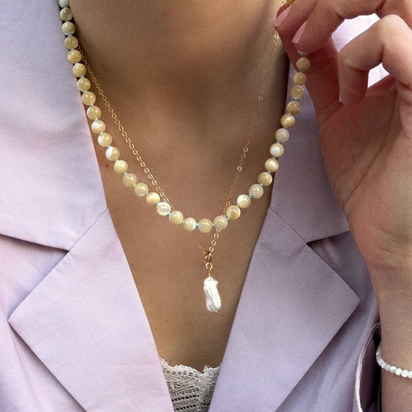 Cream Mother-of-Pearl Necklace - 14k Gold Filled - Light Blue Cord