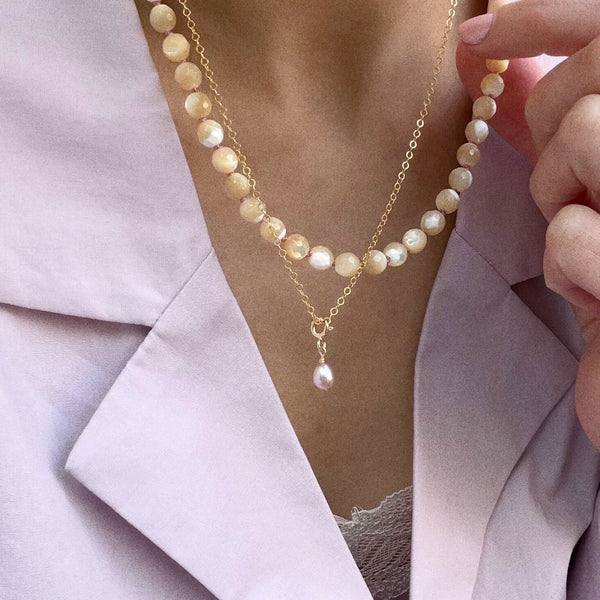 Cream Mother-of-Pearl Necklace - 14k Gold Filled - Pink Cord