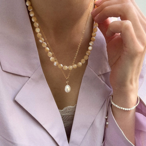 White Mother-of-Pearl Bracelet - 14k Gold Filled - Beige Cord