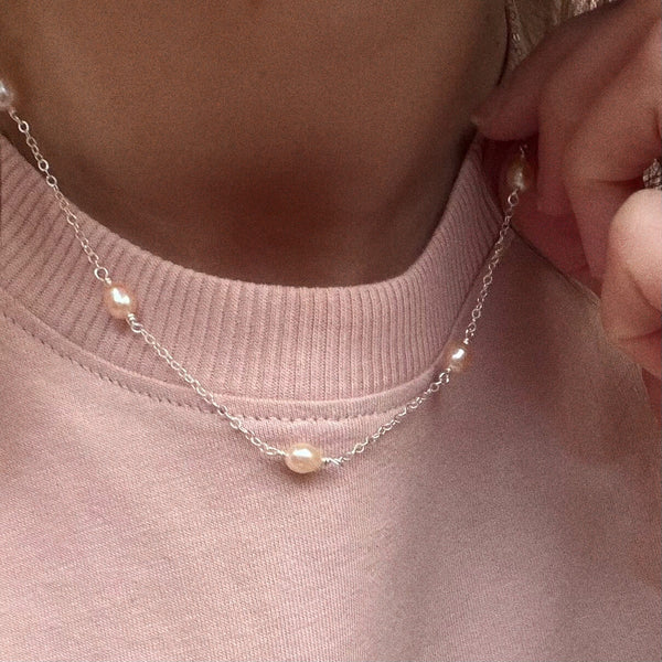 Pink Pearl Necklace - 925 Solid Silver
