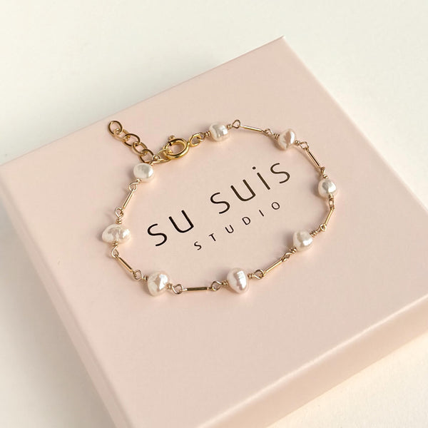 White Pearl Tube Bracelet - 14k Gold Filled
