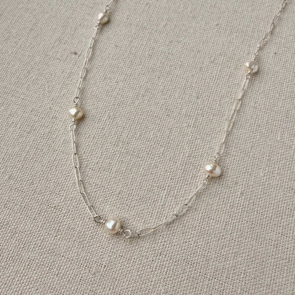White Pearl Paperclip Necklace - 925 Solid Silver