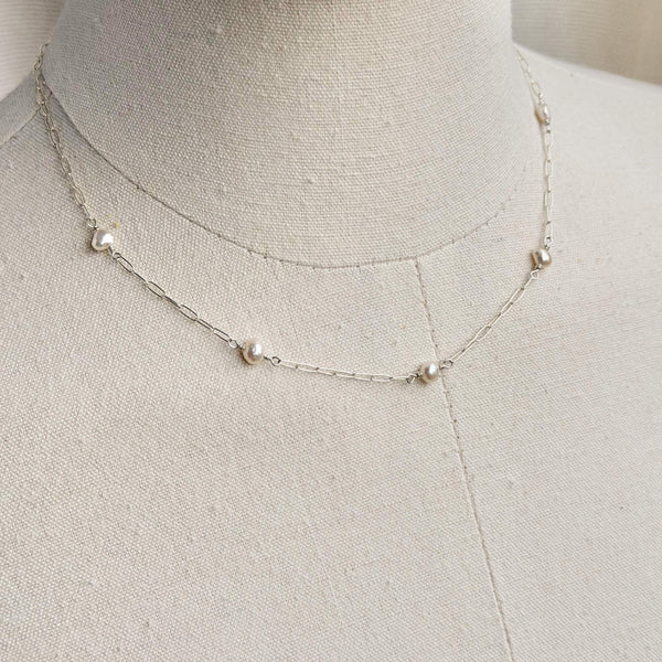White Pearl Paperclip Necklace - 925 Solid Silver