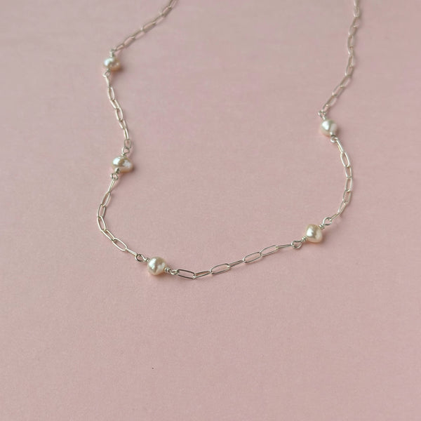 White Pearl Paperclip Necklace - 925 Solid Silver