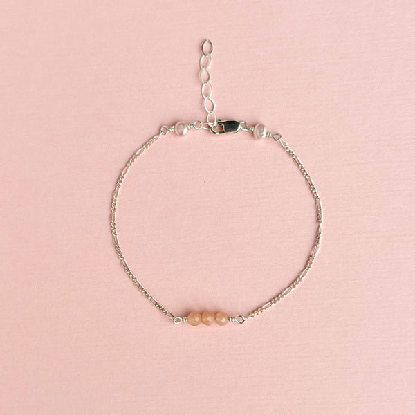 Peach Moonstone Figaro Bracelet - 925 Solid Silver