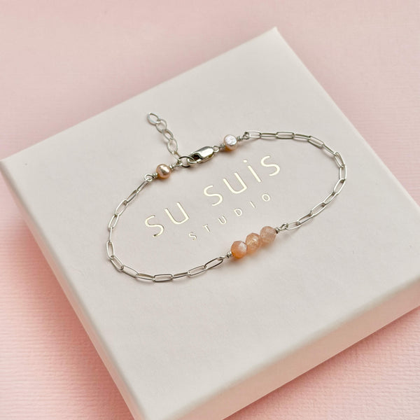 Peach Moonstone Paperclip Bracelet - 925 Solid Silver