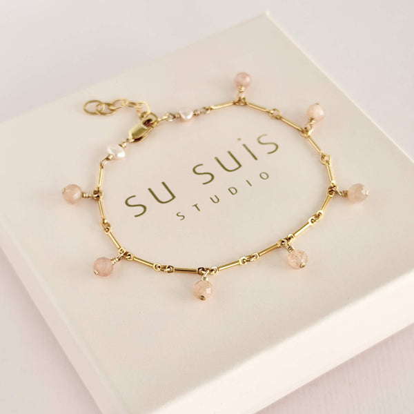 Peach Moonstone Charm Bracelet - 14k Gold Filled