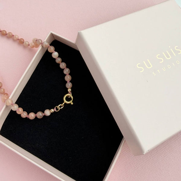 Peach Moonstone Necklace - 14k Gold Filled - Pink Cord