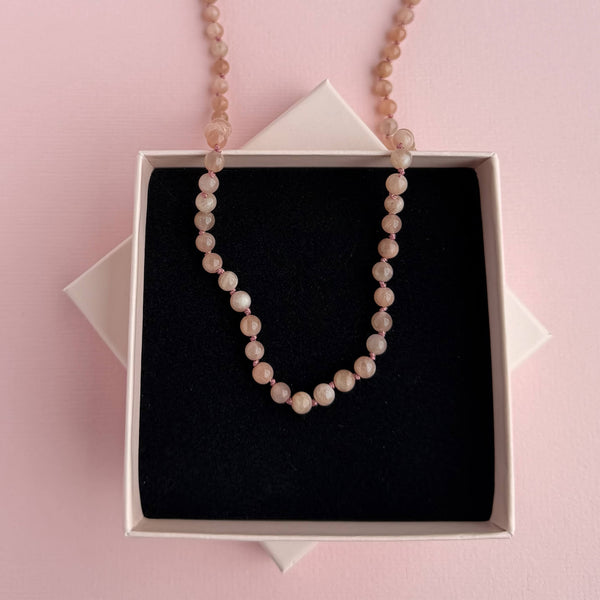 Peach Moonstone Necklace - 14k Gold Filled - Pink Cord