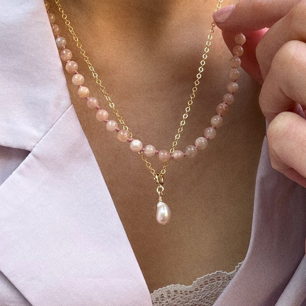 Peach Moonstone Necklace - 14k Gold Filled - Pink Cord