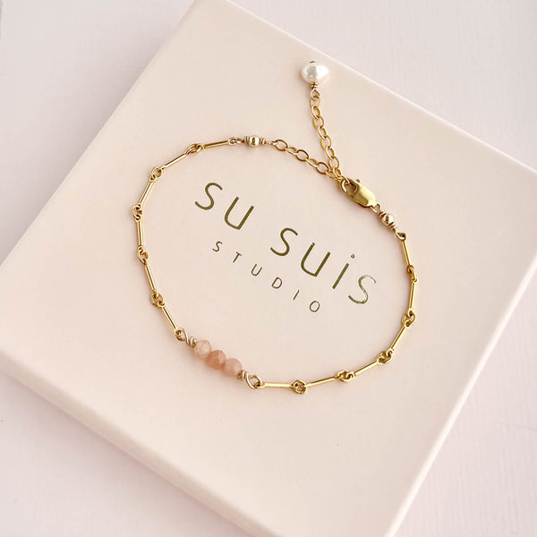 Peach Moonstone Tube Bracelet - 14k Gold Filled