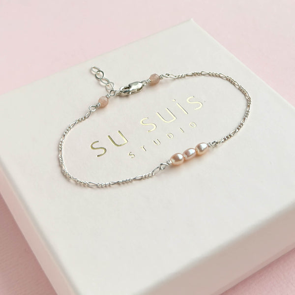 Pink Pearl Figaro Bracelet - 925 Solid Silver
