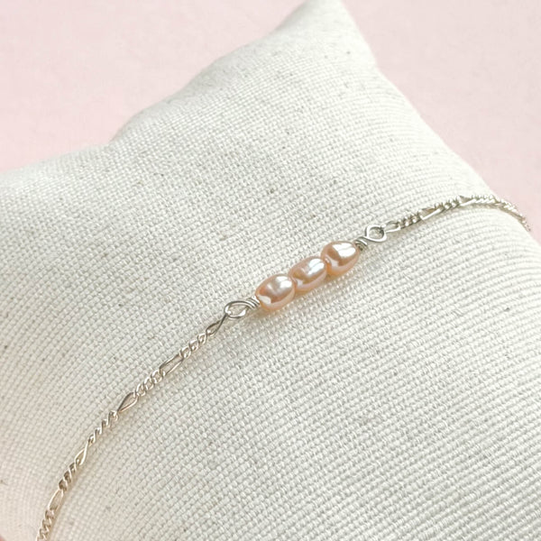 Pink Pearl Figaro Bracelet - 925 Solid Silver