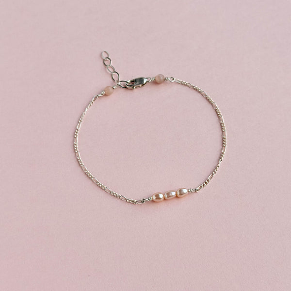 Pink Pearl Figaro Bracelet - 925 Solid Silver