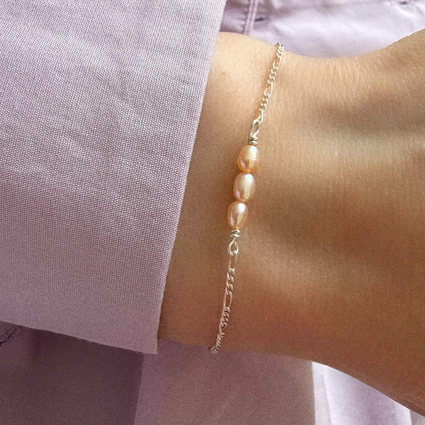 Pink Pearl Figaro Bracelet - 925 Solid Silver