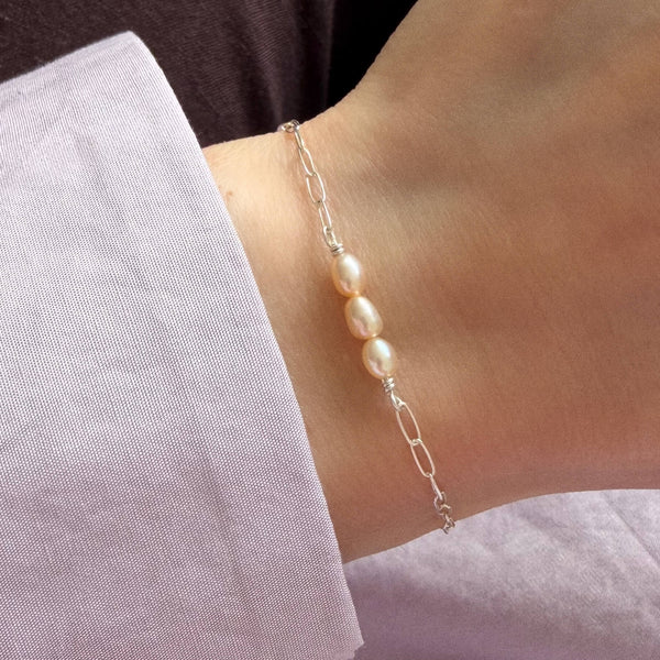 Pink Pearl Paperclip Bracelet - 925 Solid Silver