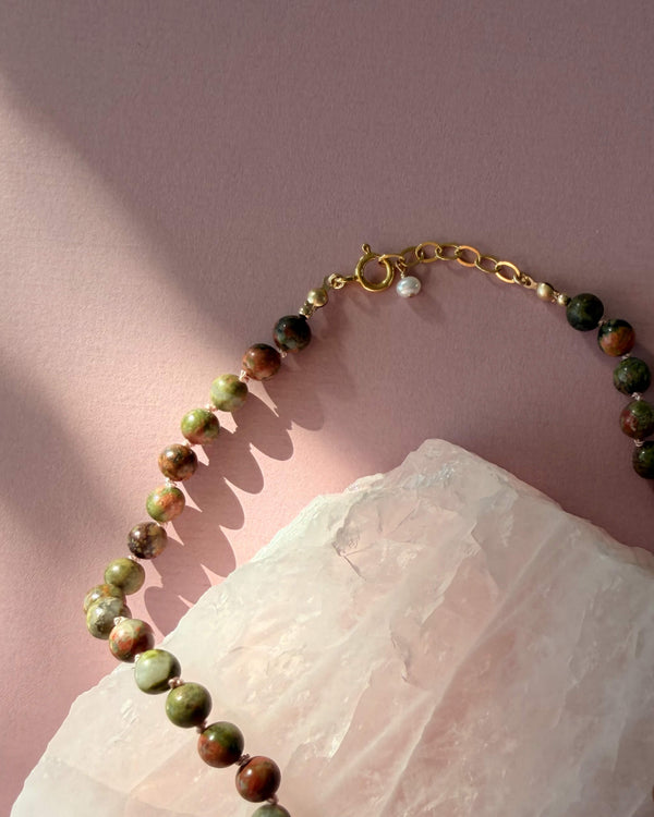 Gemstone Necklace (Unakite) - 14k Gold Filled - Soft Pink Cord - Adjustable (42,5 - 45 cm)