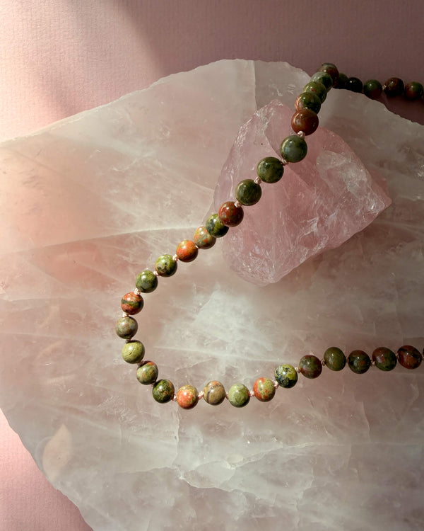 Gemstone Necklace (Unakite) - 14k Gold Filled - Soft Pink Cord - Adjustable (42,5 - 45 cm)