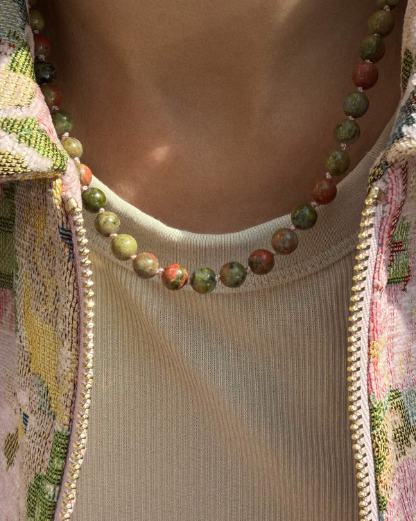 Gemstone Necklace (Unakite) - 14k Gold Filled - Soft Pink Cord - Adjustable (42,5 - 45 cm)