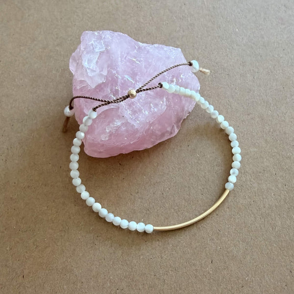 White Mother-of-Pearl Bracelet - 14k Gold Filled - Beige Cord
