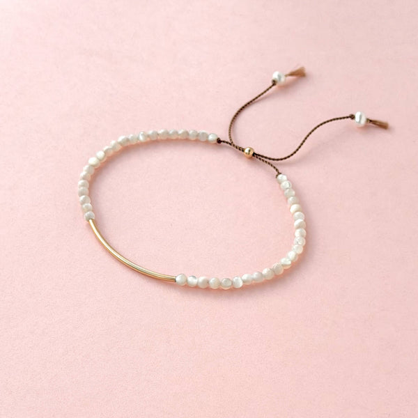 White Mother-of-Pearl Bracelet - 14k Gold Filled - Beige Cord