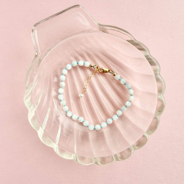 White Mother-of-Pearl Bracelet - 14k Gold Filled - Light Blue Cord