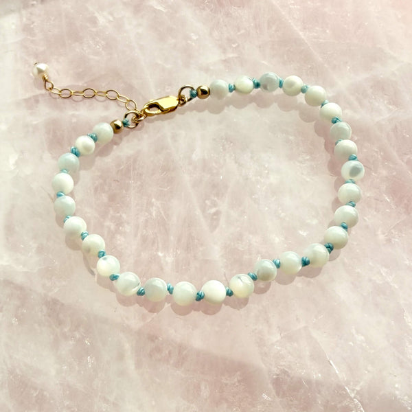 White Mother-of-Pearl Bracelet - 14k Gold Filled - Light Blue Cord
