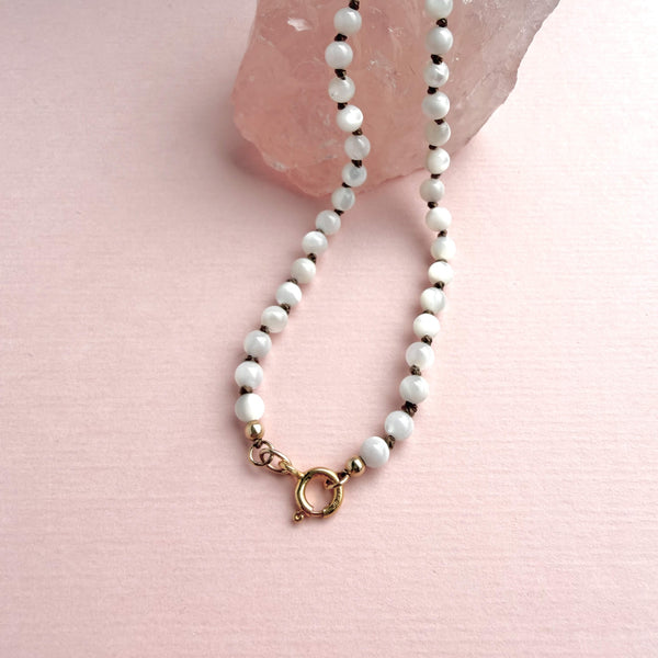 White Mother-of-Pearl Necklace - 14k Gold Filled - Beige Cord