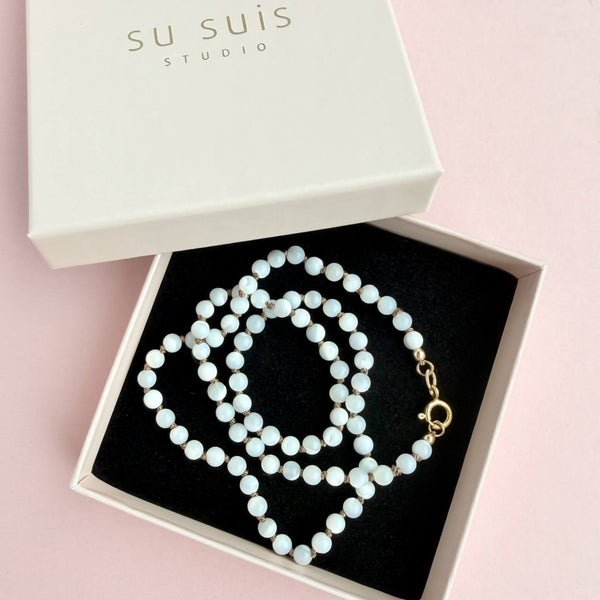 White Mother-of-Pearl Necklace - 14k Gold Filled - Beige Cord