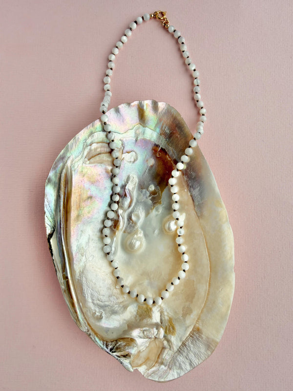 White Mother-of-Pearl Necklace - 14k Gold Filled - Beige Cord