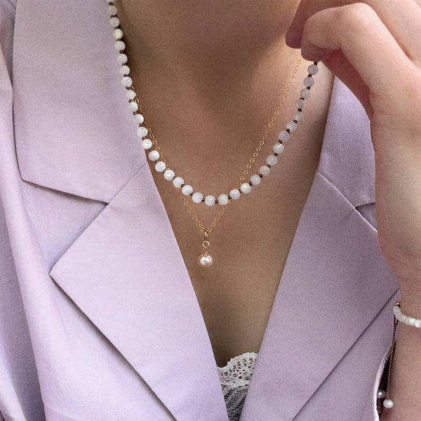 White Mother-of-Pearl Necklace - 14k Gold Filled - Beige Cord