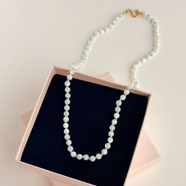 White Mother-of-Pearl Necklace - 14k Gold Filled - Light Blue Cord