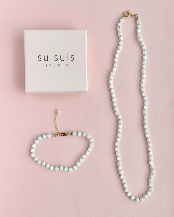White Mother-of-Pearl Necklace - 14k Gold Filled - Light Blue Cord