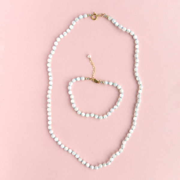 White Mother-of-Pearl Necklace - 14k Gold Filled - Light Blue Cord